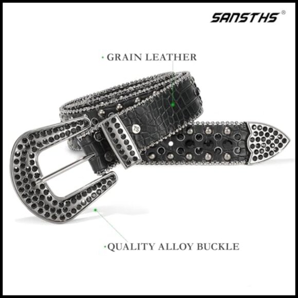 Rhinestone Studded Belt Faux Crocodile Grain Leather Western Style main image 6